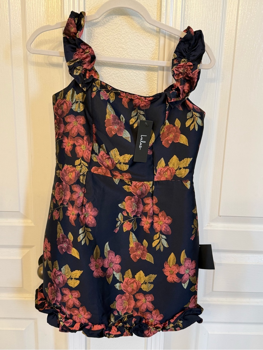Lulu's “Pop the Bottle” Navy Blue Floral Jacquard Ruffled Mini Dress Size M NWT